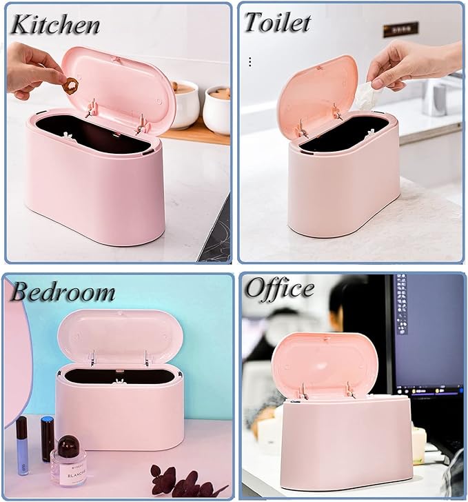 LTWQLing Mini Trash Can with Lid - Removable Small Garbage Can, Tiny Plastic Trash Bin, Pop Up Countertop Wastebasket, Counter Garbage Lint Bin for Bathroom,Office,Kitchen,Desk,Coffee Table(Pink)