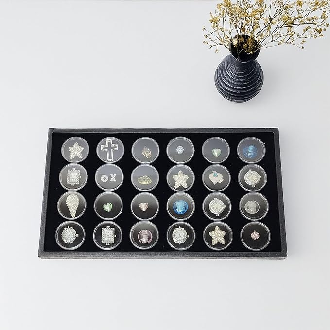 Ikee Design 24 Gem Showcase Stackable Jewelry Display Tray for Collectibles, Rock Storage Box Gemstones Bead Storage Jars, Black Foam, Black Tray, 14 7/8W x 8 3/8D x 1H in