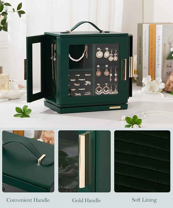 Homde Jewelry Box for Women Large: Rotating Organizer for Ring Earring Necklace Bracelet - 7 Drawers Storage for Dresser (Forest Green)