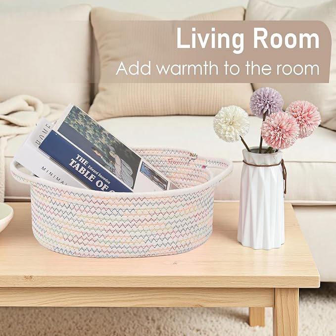 JMvicyroam Woven Basket,Small Rope Storage Bin with Handles & Ribbon Bag, Organizer for Shelves Closets,Gift Basket Empty for Birthday,Books,Dog Toys, Colorful
