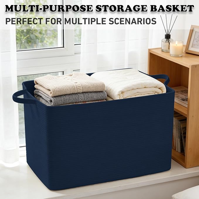 96L Large Blanket Basket,24"x16"x15"Rectangle Storage Bin with Handles,Woven Rope Laundry Basket for Toys, Clothes,Magazines,Home Organization,Nursery,Living Room & Bedroom,Navy