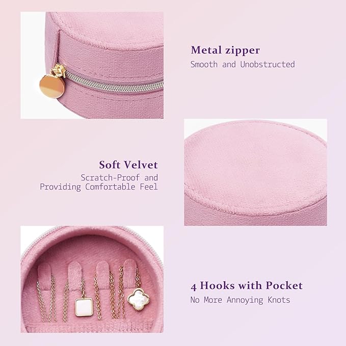 CONBOLA Travel Jewelry Case Small Jewelry Box for Women Girls,Round Velvet Mini Jewelry Travel Organizer,Portable Jewelry Box for Rings Earrings Necklaces Bracelets.(Pink,Small)