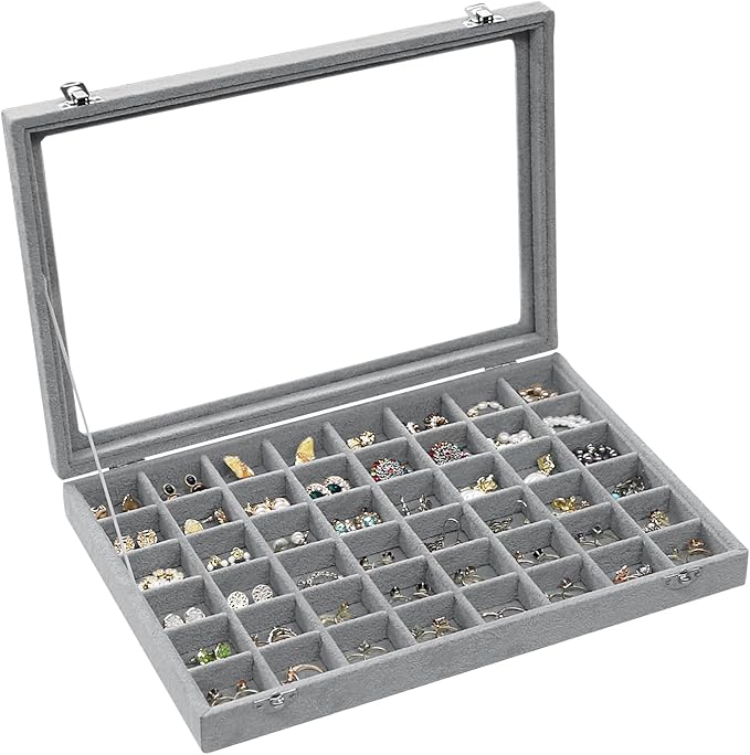 Stratalife Jewelry Organizer 48 Grid Jewelry Trays with Dust-proof Lid Velvet Earring Organizer Ring Holder Accessories Box Necklaces Earrings Storage for Women Drawers Gray