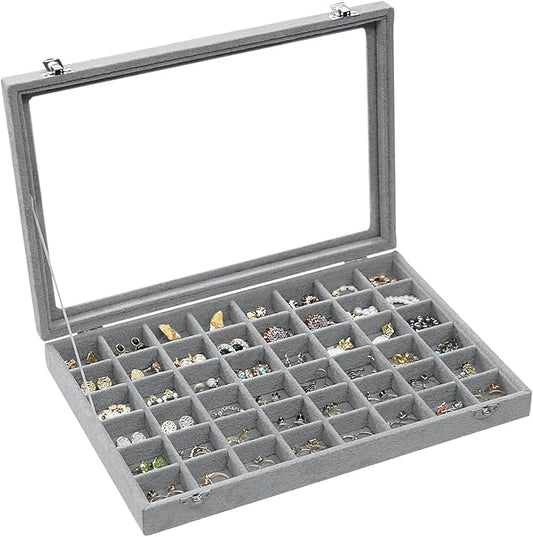 Stratalife Jewelry Organizer 48 Grid Jewelry Trays with Dust-proof Lid Velvet Earring Organizer Ring Holder Accessories Box Necklaces Earrings Storage for Women Drawers Gray