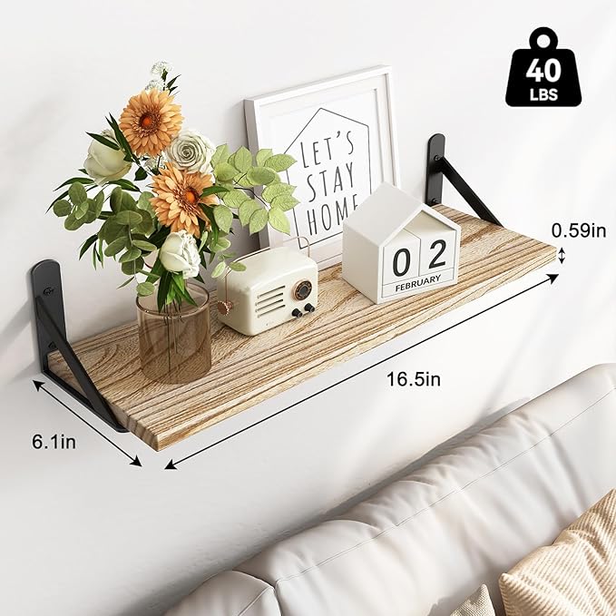 Fixwal Floating Shelves for Wall, Wood Wall Mounted Shelves for Bedroom, Bathroom, Living Room, Kitchen Storage and Decor(Rustic Brown, Set of 4, 16.5 Inch)