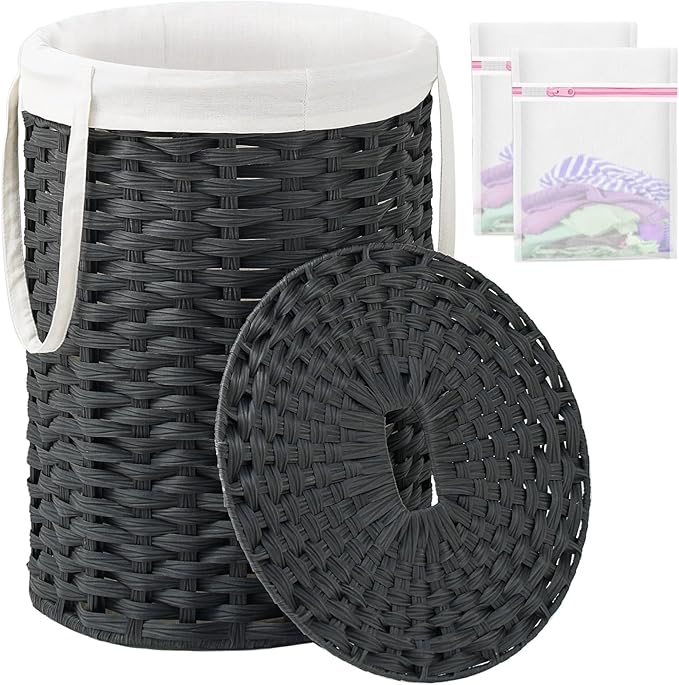 SETVSON Laundry Hamper with Lid Laundry Basket with Lid 19.0 Gal (72 L) Round Wicker Laundry Basket Handwoven Rattan Basket with Lid Removable Bag 2 Mesh Bags Handles for Living Room Bathroom Black