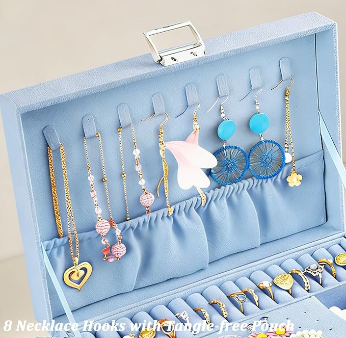QBestry 3-Layer Jewelry Box for Girls & Teens with Lock and Key, Large Jewelry Organizer with 8 Necklace Hooks & 56 Earring Holes, Blue Velvet Jewelry Storage Box for Necklaces Earrings Rings Bracelet