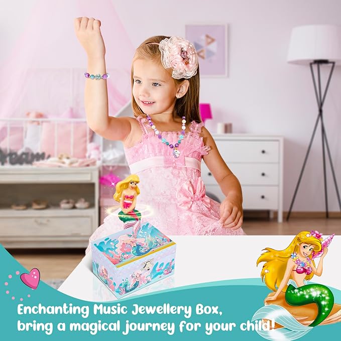 Girls' Musical Jewelry Box Organizer with Jewelry Set - blue ocean mermaid Theme, OVER THE WAVES Tune - Jewelry Storage and jewelry box for girls