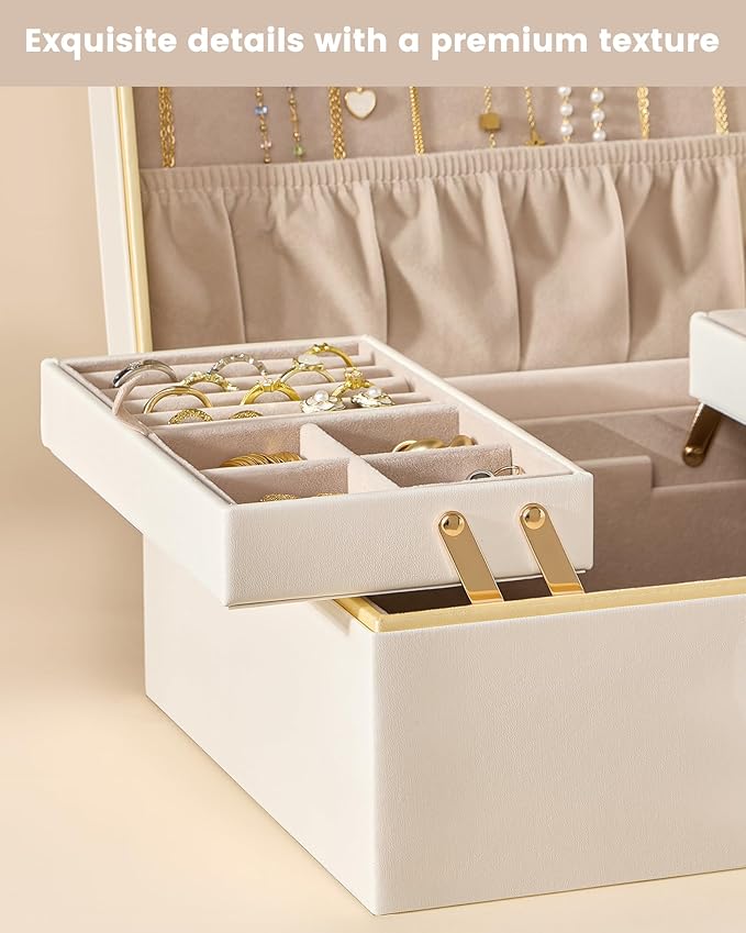 Lolalet Jewelry Box Organizer for Women Girls, 2 Layer Jewelry Organizers and Storage for Necklace Earrings Rings Bracelets, Large Jewellery Holder Case Birthday Mothers Day Gifts -Cream