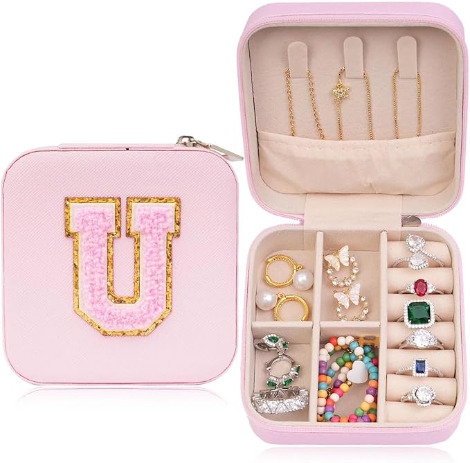 ETHOON Jewelry Travel Case Small Organizer Stocking Box Personalized Gifts Teenage Jewelry Accessories Holiday Wedding Christmas Gift for Women Pink, Letter U
