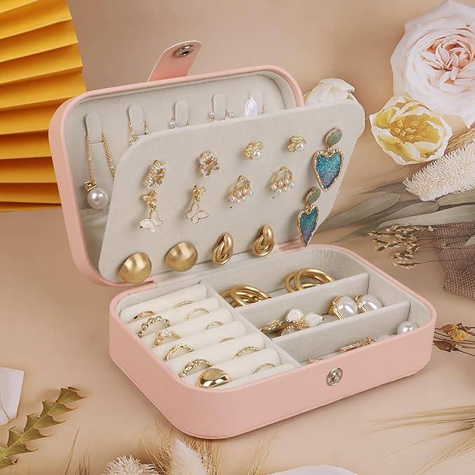 OceeK Travel Jewelry Box,Travel Jewelry Case for Girls Women Mothers, Jewelry Organizer Case, PU Leather Pink,1 Pack