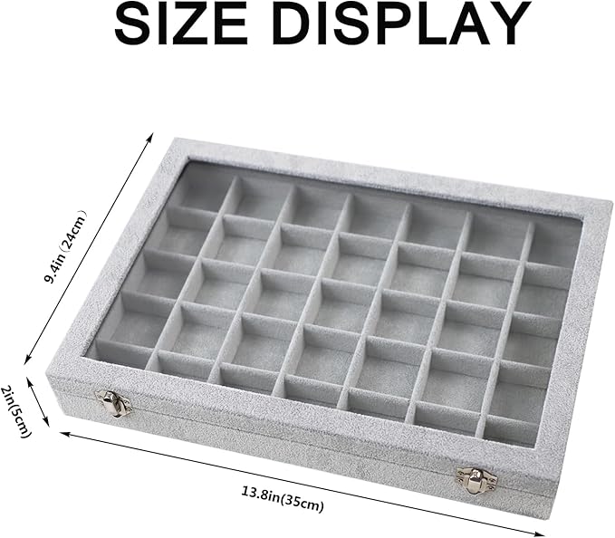 Jewelry Tray 35 Grid Velvet Jewelry Organizer with Clear Lid Transparent Earring Bracelet Organizer Holder Case with Clasp Drawer Insert for Rings Studs Gift for Women Girls