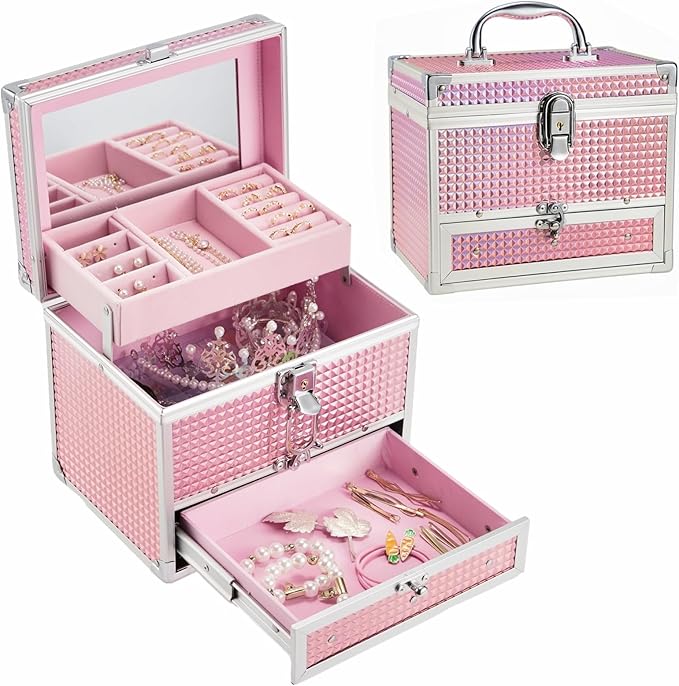 Hododou Girls Jewelry Box Organizer with Drawer & Mirror, Shiny Pink Style Lockable Storage Case for Kid or Little Girls Jewelry and Hair Accessories