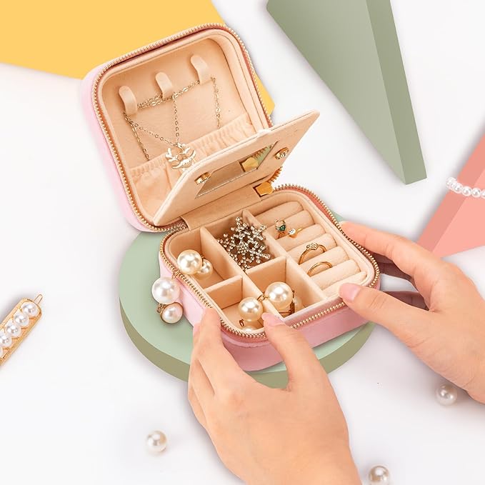 Smileshe Travel Velvet Jewelry Box with Mirror, Mini Gifts Case for Women Girls, Small Portable Organizer Boxes for Rings Earrings Necklaces Bracelets