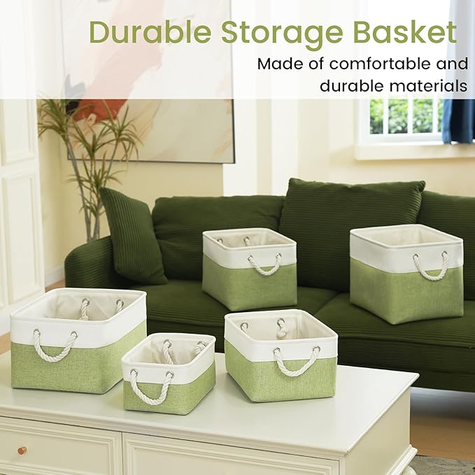 Storage Baskets for Shelves 11.8x7.9x5.2 Inch, Foldable Fabric Storage Bins with Handles, Small Storage Baskets for Organizing Closet, Office, Home Organization (6-Pack, White&Green)