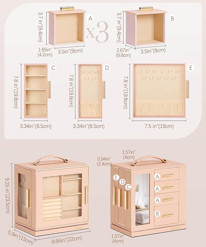 Homde Jewelry Box 360° Rotating, Necklace Earring Organizer with Transparent Window, Mirror, 7 Drawers, Large Ring Display Storage Case for Girls Women (Peach Pink)
