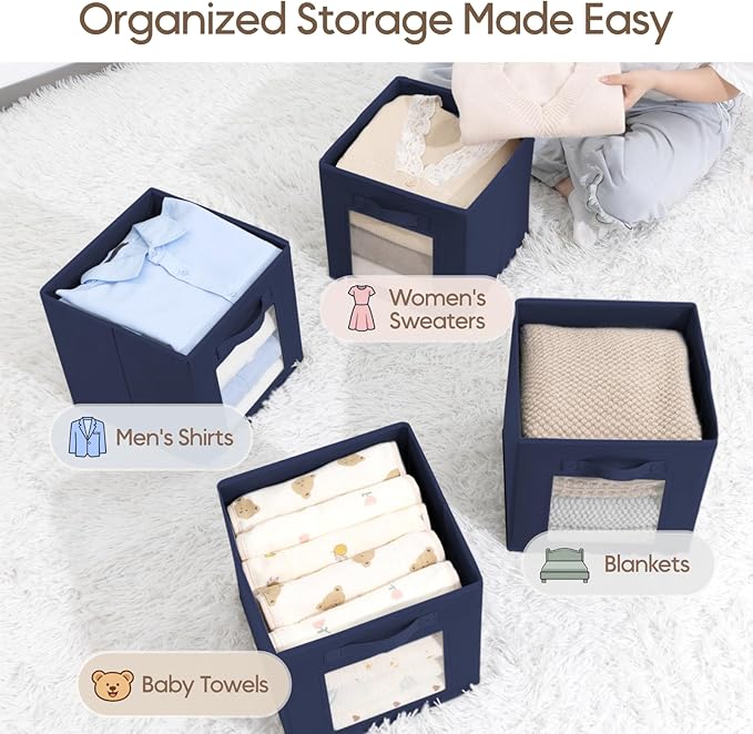 Homsorout Storage Cube 11 Inch - Cube Storage Bins with Window, Closet Storage Baskets with Handle, Fabric Bins for Closet, Shelves, Toys, Clothes, Set of 12, Navy Blue