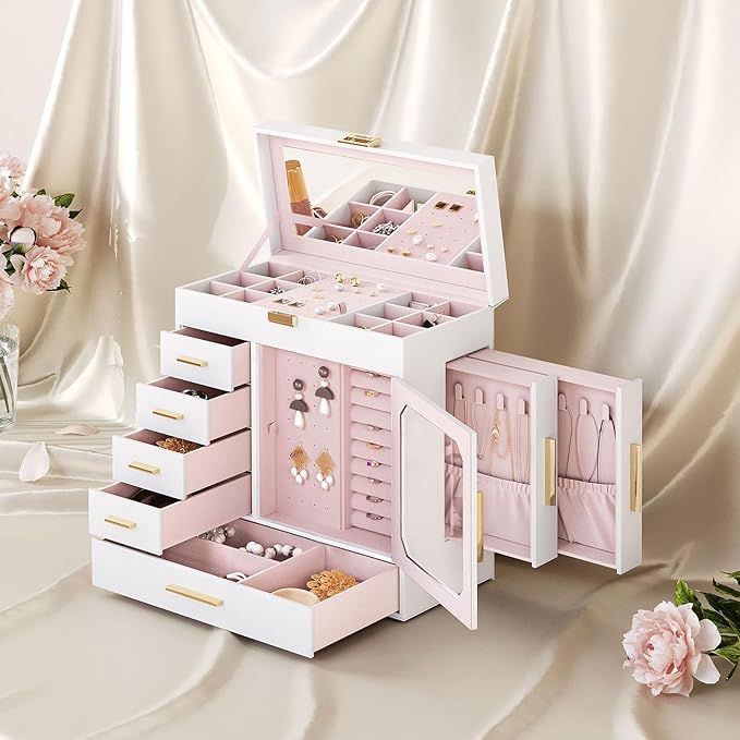 HOOBRO Jewelry Box with Mirror, Jewelry Organizer Box with Capacious Storage Space, Vertical Storage, Glass Cover, Modern Style, White and Light Gold WT06JB04G1