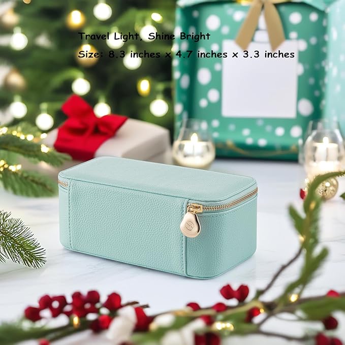 VLANDO Travel Jewelry Box Organizer – Portable PU Leather Jewelry Case with 6/8/12 Zippered Pouches, Compact Storage for Earrings Rings Necklaces Bracelets, Aqua Blue