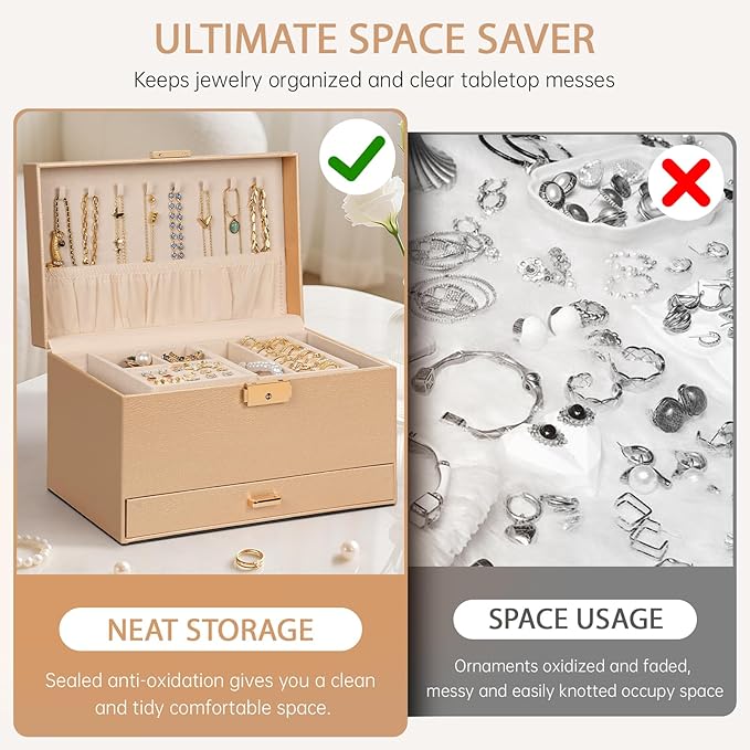 AKOZLIN Travel Jewelry Box Organizer Functional 2-trays Leather Jewelry Storage Case with Lockable Portable Drawer for Women Girls Ring Necklace Earring Bracelet