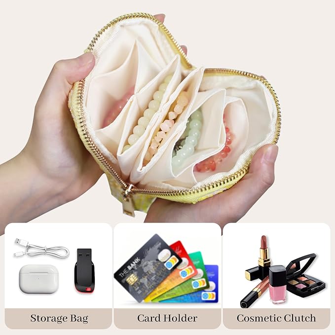 Stratalife Travel Jewelry Case - Portable Jewelry Organizer for Traveling Small Pouches for Bracelets Necklace Bangles Healing Crystal, Ring Storage with Zipper Gift for Women, Yellow