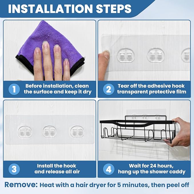 6 Pack Shower Caddy Adhesive Replacement, Shower Shelf Strong Adhesive Hooks, No Drilling, Transparent WaterProof Strips for Bathroom Shelves and Soap Holder
