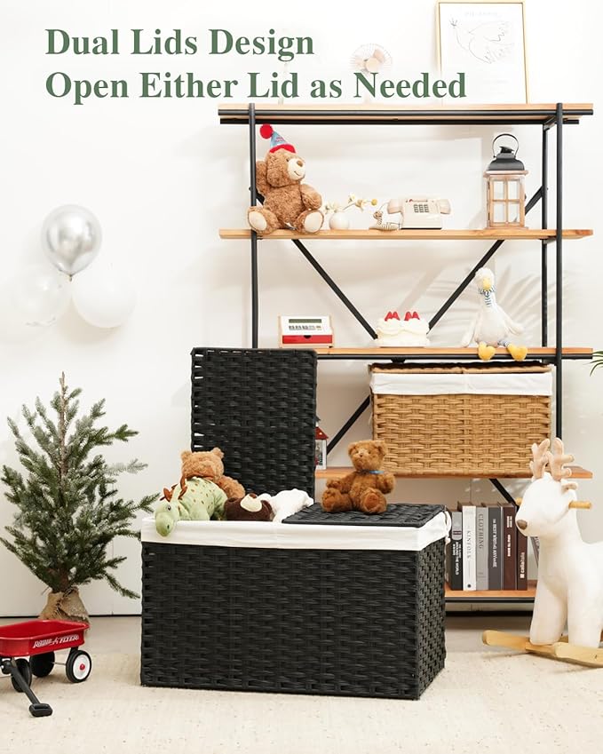 SETVSON Storage Basket with Lid Wicker Baskets for Storage with 2 Separate Lid 42.3 Gallon (160 L) 29.9 x 17.3 x 18.1 Inches Rattan Woven Large Wicker Basket with 2 Liners for Bedroom Laundry Black