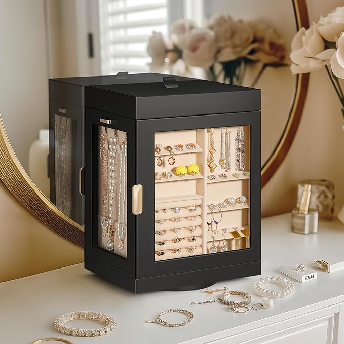 TidyStash 360° Rotating Jewelry Organizers and Storage, Large Jewelry Boxes for Women Necklace, Ring Earring Storage, Vertical Accessory Organizers and Storage, Black