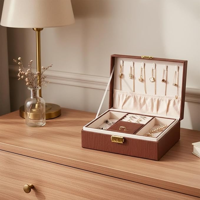 Jewelry Box Organizer for Women Girls Gift, 2 Layer Large Jewelry Storage Case, Vintage Wood PU Leather Display Jewellery Holder with Removable Tray for Necklace (Black walnut wood grain)