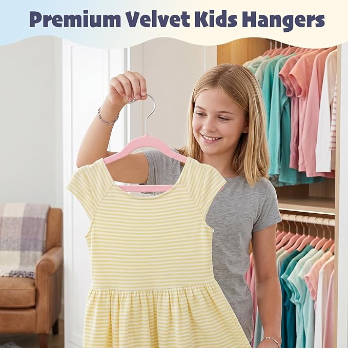 HOUSE DAY 14 Inch Kids Velvet Hangers 50 Pack, Durable Big Kids Hangers, Non Slip Kid Felt Hanger for Youth, Cute Childrens Hanger for Closet, Pink