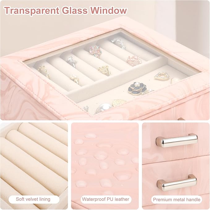 DesignSter Jewelry Box Organizer, Jewelry Box for Women, PU Jewelry Organizer Display Case with Side Drawers, Jewelry Storage for Earring Necklace Ring Bracelet Watch