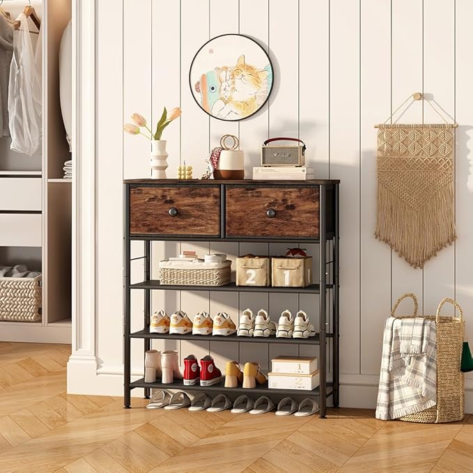 INGIORDAR Shoe Rack Organizer 5 Tier Metal Organizer Shelf with Industrial MDF Board and Layer Fabric for Entryway Closet Bedroom Living Room Garage (Black+Rustic Brown, 4 Tier with 2 Drawers)