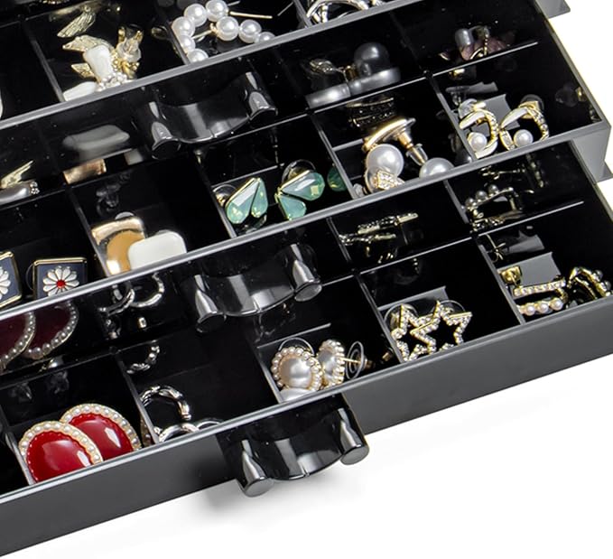 YUFONG Earring Storage Box Organizer 3 Drawers Acrylic Jewelry Storage Box Holder Transparent Jewelry Display Stand with 72 Small Compartments Gift for Women Girls (Black)