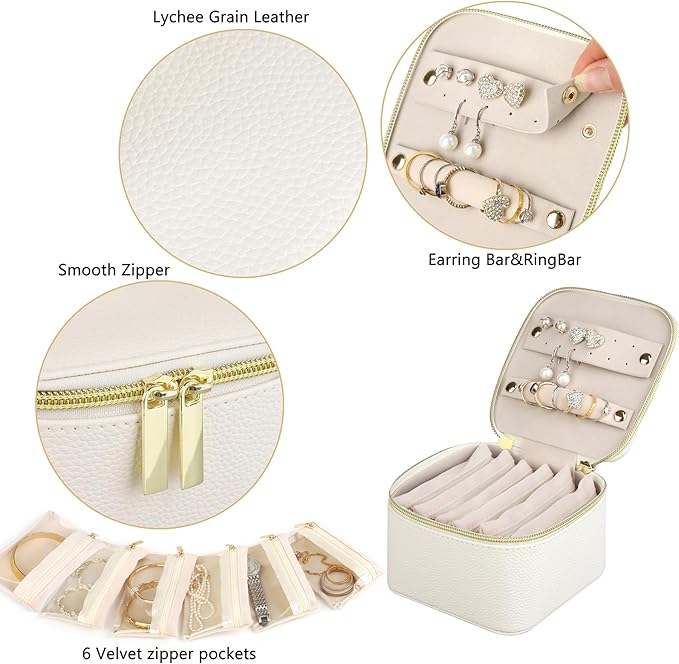 HofferRuffer Jewelry Box Organizer for Women Girls, Travel Jewelry Case with 6 Portable Zipper Bags, Jewelry Storage Ideal for Travel & Home Organization (6pcs-CreamWhite Faux Leather)