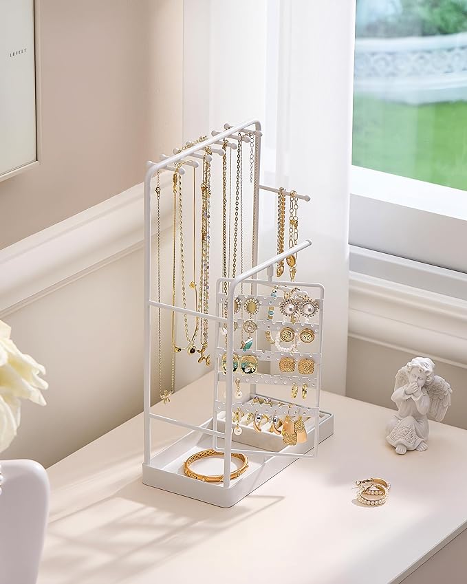 ProCase Jewelry Stand Holder Organizer, Jewelry Display Storage with Ring Tray, Rotating Earring Bracelet Necklace Holder, Valentine's Gifts Room Dorm Decor for Teen Girls -White (No-Assembly)