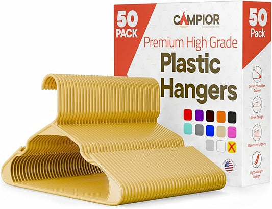 Plastic Clothes Hangers – Heavy Duty Hanger Set, for Organizing Clothes, Dresses, and Coat, Holds Up to 5 lbs, Space-Saving Hangers with Non-Slip Shoulder Grooves, Pack of 50, Yellow