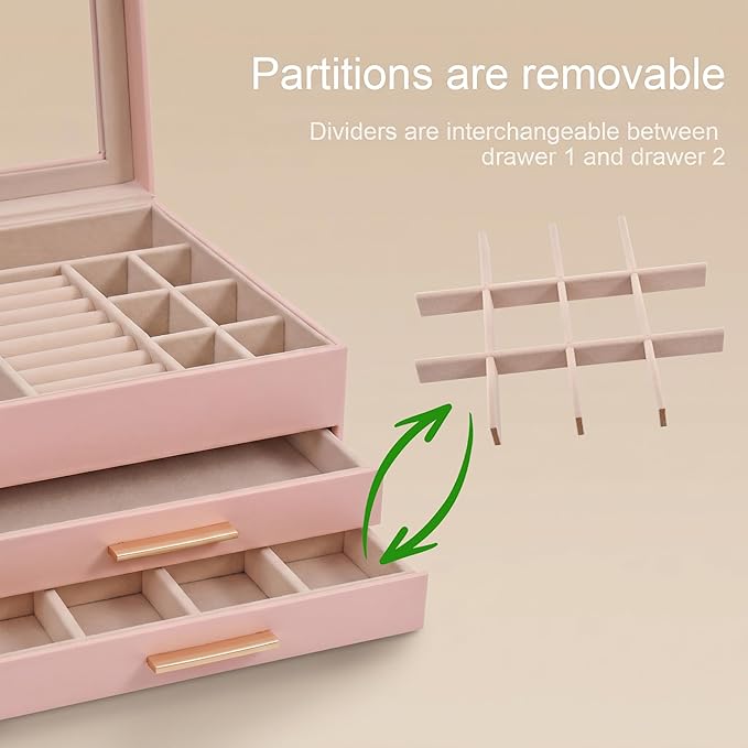 Somduy Jewelry Box Organizer for Women,3 Layers Jewelry Storage Display Box with Glass Lid,Gift for Christmas,3 Drawers,Large Capacity for Necklace Earrings Bracelets Rings,Pink