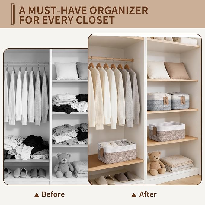 Goodpick 4 Pack Storage Baskets for Shelves, Rectangle Woven Baskets for Organizing, Decorative Closet Bins with Handles, Shelf Basket for Baby Toy Storage, 13''L x 8''W x 6''H, Gray & White