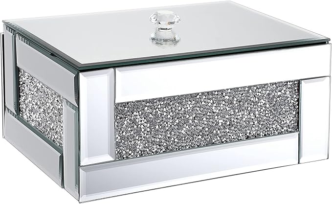 Hipiwe Glass Mirrored Jewelry Box with Crushed Diamond Decor, Trinket Organizer Box Luxury Rings Earrings Necklace Storage Keepsake Box Treasure Chest Case, Silver Large Size