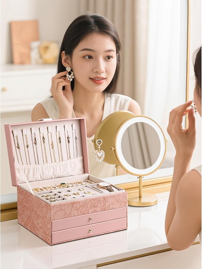TOFUNTOY Jewelry Organizer Box, Large Jewelry Boxes for Women, 3-Layer Jewelry Holder Organizer for Necklace Earrings Rings Bracelets Storage, Gift for Her Mom