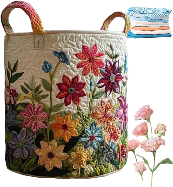 Quilted Laundry Basket with Handles, Boho Floral Fabric Storage Hamper, Large Soft Quilted Laundry Basket for Nursery, Bedroom, Laundry Room,Clothes & Toys (C, M)
