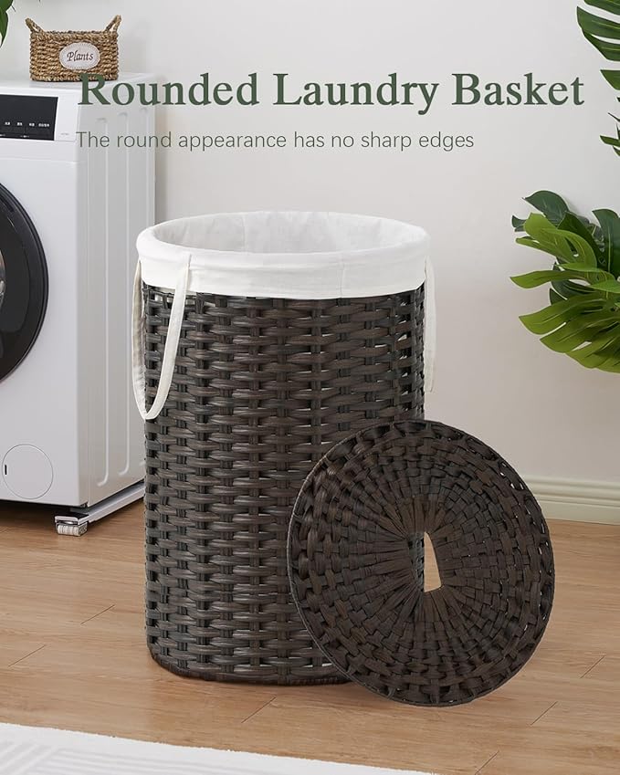 SETVSON Large Laundry Hamper Laundry Basket Round 34.3 Gal (130 L) Handwoven Wicker Laundry Baskets Rattan Laundry Basket with Laundry Bag Handles 2 Mesh Bags for Living Room Bedroom Brown