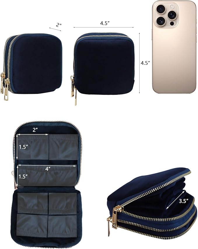 Stratalife Travel Jewelry Case Organizer 2-Layer Compact Storage Bag for Rings Earrings Necklace Bracelet Portable Velvet Jewelry Pouch with Zippers Travel Essential Gift for Women Navy Blue
