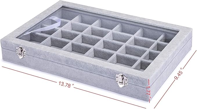 Jewelry Organizer Tray with Clear Lid 30 Grid Velvet Drawer Insert Jewelry Storage box with Glass lid Display Case Store Showcase Holder with Lock Gifts for Women