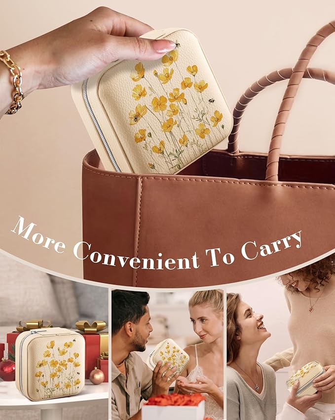 Bistup Travel Jewelry Case - Small Jewelry Organizers and Storage Box for Women Girls Teens Cute Traveling Jewelry Holder with Mirror Little Tiny Compact Yellow Flower Pretty Modern Unique Aesthetic