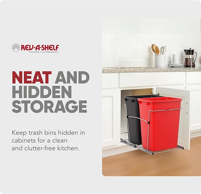 Rev-A-Shelf RV-18KD-1618C-S Double Pullout Trash Can for Kitchen Cabinets 35 Qt Garbage Recycling Bin on Full Extension Slides, Red/Black