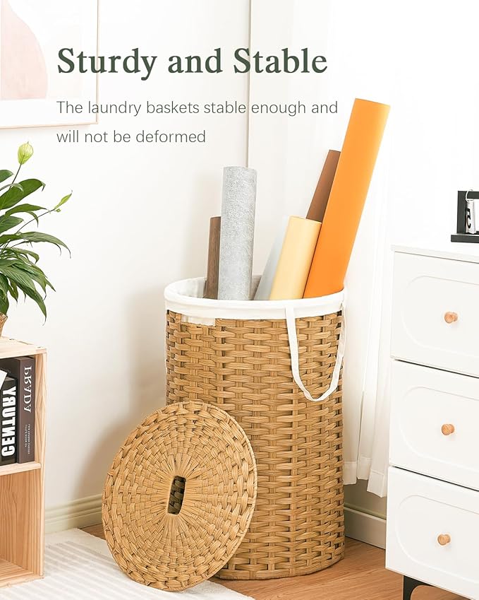 SETVSON Large Laundry Hamper Laundry Basket Round 34.3 Gal (130 L) Handwoven Wicker Laundry Baskets Rattan Laundry Basket with Laundry Bag Handles 2 Mesh Bags for Living Room Bedroom Natural