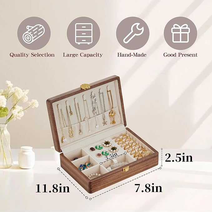 Travel Jewelry Case Small Wood Jewelry Organizer Jewelry Box for Women (Single Nut-Brown A)