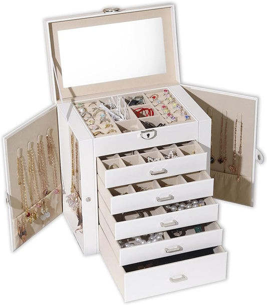 BOOVO Jewelry Box For women, 6 Layer Large Jewelry Organizer With Mirror, Multi-Function Storage Box With Lock, Accessory Holder With 5 Drawers, For Earrings Necklace Ring Bracelet (White)