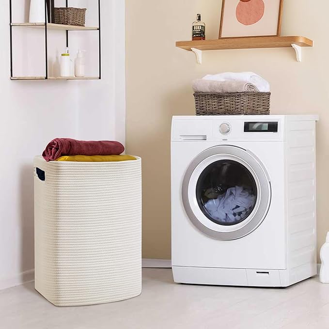 MEGASKET Large Laundry Hamper 16"x13"x22" - Tall Woven Laundry Basket, Cotton Rope Dirty Clothes Hamper, Baby Kids Nursery Wicker Laundry Basket, Bedroom Aesthetic, Soft Laundry Bin, White Hamper, 75L